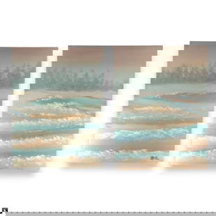Lee Reynolds Diptych Oil/Canvas "Misty Waters": Lee Reynolds (20th Century) — “Misty Waters&rdquo; DiptychAn original diptych oil on canvas painting titled "Misty Waters" by Lee Reynolds. Composed of two panels, each capturing an atmospheric wa