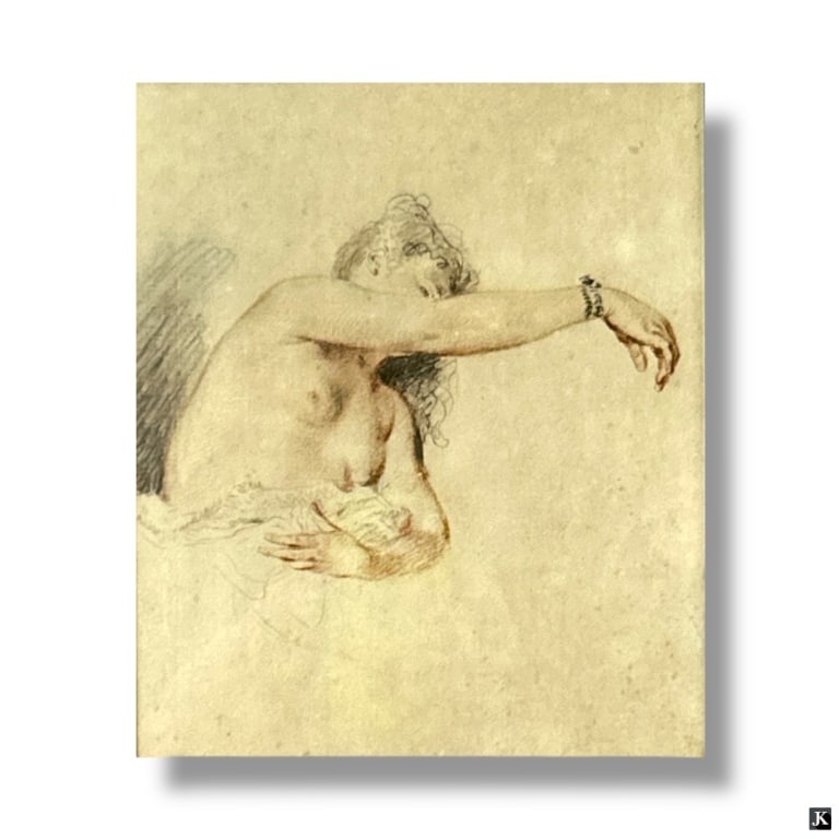 Jean-Antoine Watteau Giclee "Femme au bras leve": Jean-Antoine Watteau Giclee "Femme au bras leve" or "Nude with Right Arm Raised. Unsigned. Good condition. Framed, matted and presented under glass screen. Measures 9" x 7-1/2" (sight), frame measures