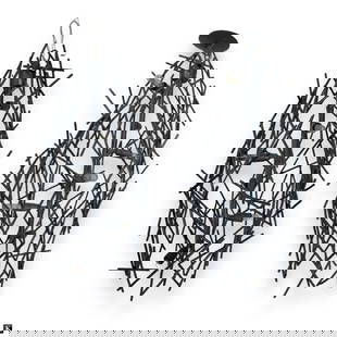 Pr Iron Bar Brutalist Ceiling Lamp Chandeliers: Pair of Brutalist Hanging Iron ChandeliersA pair of Brutalist-style ceiling lamp chandeliers, each crafted from welded iron metal bars in an abstract, geometric composition. Each fixture measures appr