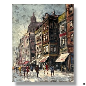Vintage Modernist Oil on Canvas "Paris Street"