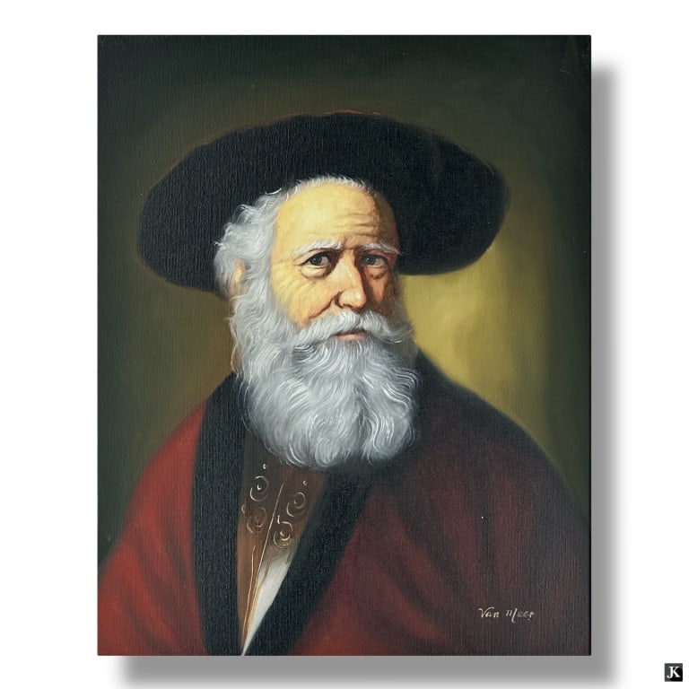 Vintage Judaica Oil on Canvas "Rabbi" Signed: Vintage Judaica Oil on Canvas "Rabbi". Signed Van Meer lower right. Good condition. Measures 20" x 16", frame measures 27-1/4" x 13-1/2". Keywords: Judaica portrait painting, signed Van Meer artwork,