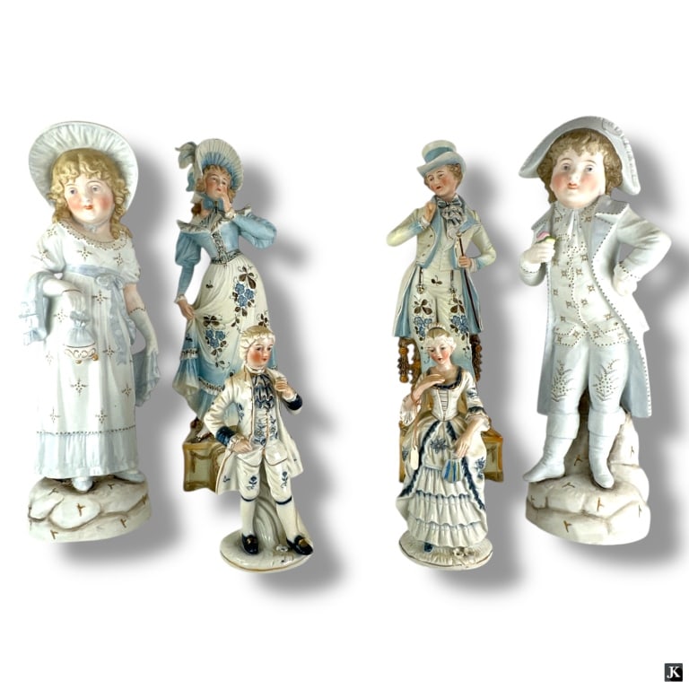 3 Pair Vintage Porcelain Figurines: 3 Pair (6 Total) Vintage Porcelain FigurinesGroup of six vintage porcelain figurines, presented as three pairs depicting couples in period costumes. Two pairs are unmarked bisque porcelain, measuring