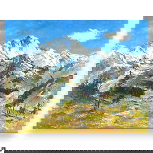 Vintage O/C Mountain Landscape Signed RIVA: Vintage Oil on canvas "Mountain Landscape". Signed lower right RIVA. Good condition. Measures 24" x 30", frame measures 32" x 37-3/4". Keywords: traditional landscape painting, signed vintage artwork,