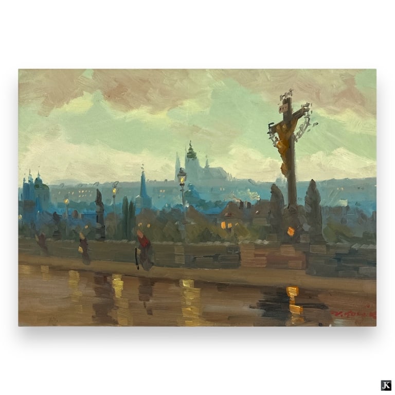 Possibly Czech Oil/Board "City at Dusk": Vintage Possibly Czech Oil on board "City at Dusk". Signed lower right V. Turek or Toreck?. Good condition. Measures 19-1/2" x 27-1/4", frame measures 28-1/4" x 35-3/4". Keywords: Eastern European art