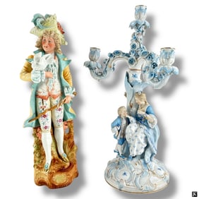2 Pcs German Porcelain: Candelabra and Figurine