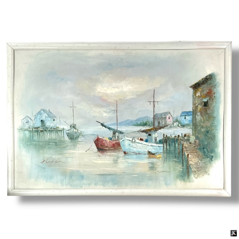 Alan Simpson Postmodern Oil Canvas "Dockside" (1 of 5)