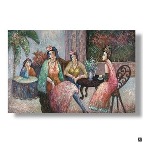 K. Barnes Decorative Oil on Canvas "Tea Time"