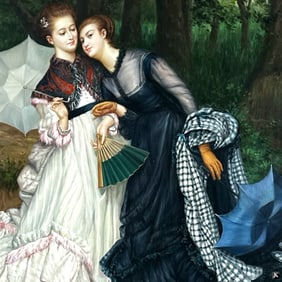 Antique Style Oil/Canvas "Two Girls in the Woods"