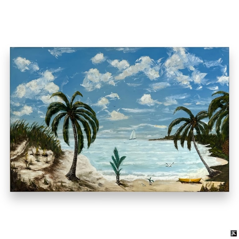 Vintage Decorative Oil on Masonite "Beach Scene": Vintage Decorative Oil on Masonite "Beach Scene". Signed and dated RB Deloye 3/88, inscribed by artist verso. In good condition. Measures 24" x 36", frame measures 29" x 41". keywords:Fine art, painti
