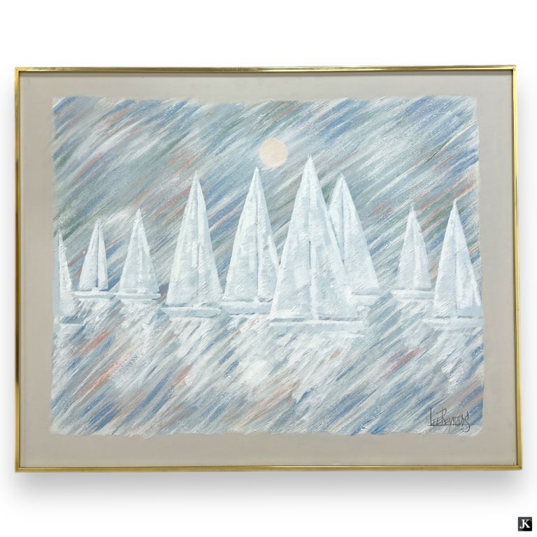 Lee Reynolds (20th C) Oil on Canvas "Sailboats": Lee Reynolds (20th C) Oil on Canvas "Sailboats". Signed lower right. Good condition. KEYWORDS: Lee Reynolds, Sailboats Painting, Oil on Canvas, Nautical Artwork, Mid-Century Modern Art, Coastal Scene,