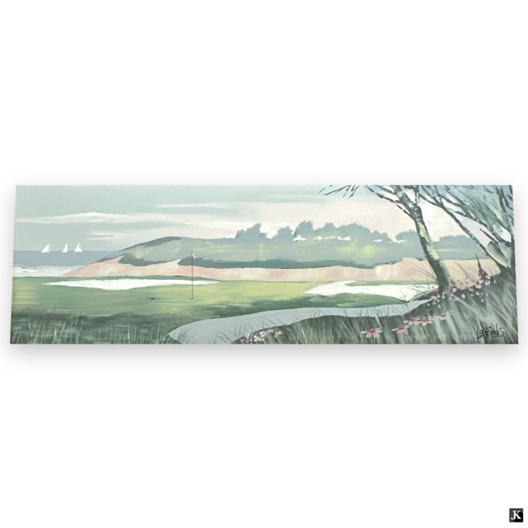 Lee Reynolds (20th C) Oil on Canvas "Golf Course": Lee Reynolds (20th C) Oil on Canvas "Golf Course". Signed lower right. Good condition. Measures 23" x 71" (sight), frame measures 24" x 72". LA/B13/RR