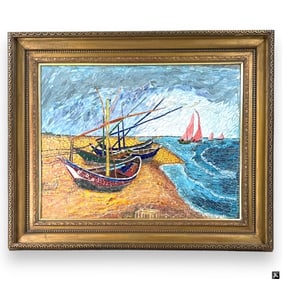 Hand Crafted Mosaic Glass & Stone Boat Scene Frame