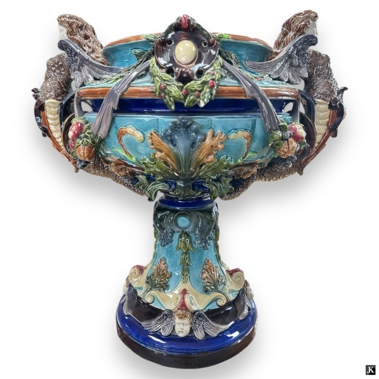 Large Continental Majolica Figural Bolted Urn (1 of 6)