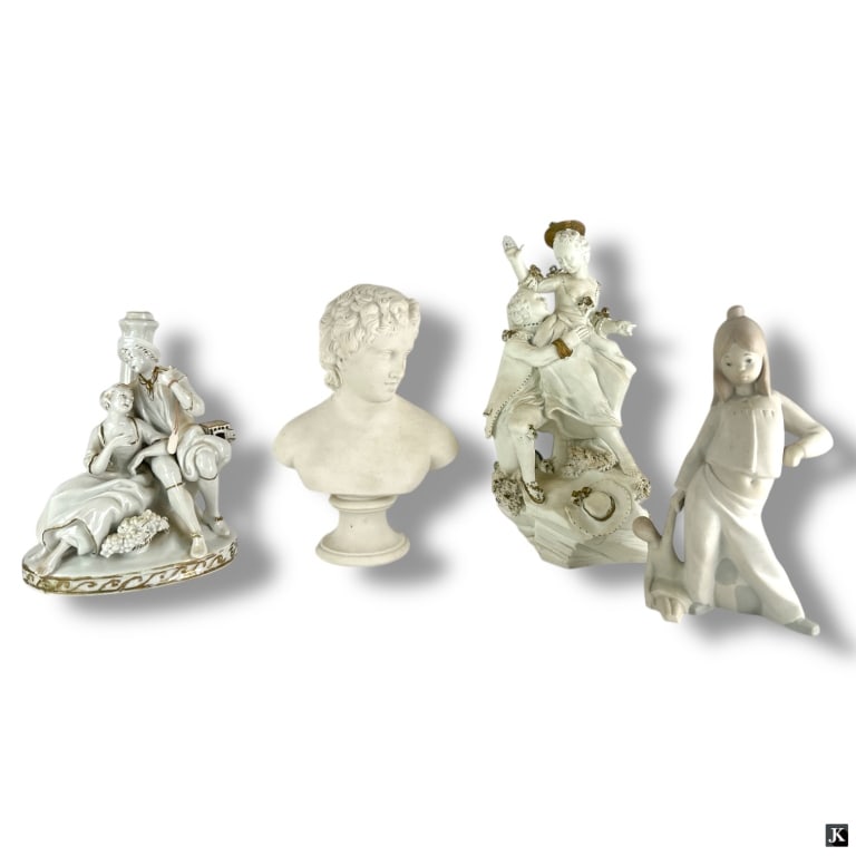 Group of 4 Vintage Porcelain Figurines: Group of 4 Vintage Porcelain FigurinesIncludes two courting vignettes (12" H and 8" H), a classical bust (9" H), and a Lladro-style girl with doll (8-1/2" H) .A few small losses; otherwise, good vinta