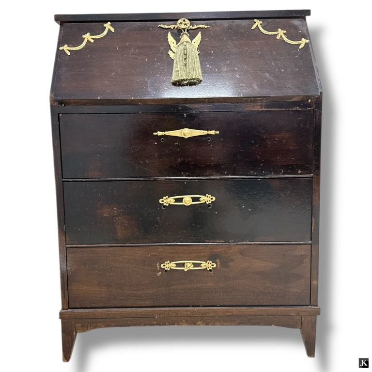 Vintage Antique Style Secretary Desk: Vintage Antique Style Secretary Desk. 3 drawers and drop front. Wear, rubbing from age and use. Measures 39" H x 29-1/4" W x 15-1/4" D. Keywords: vintage secretary desk, drop front desk, antique style