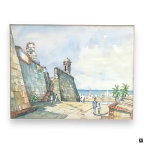 Artist Unknown Watercolor Of Coastal City Scene