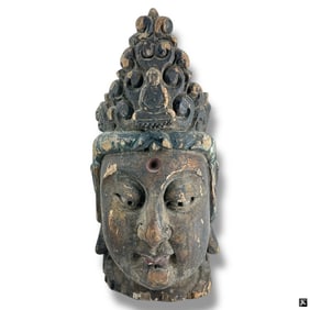 Early Polychrome Carved Wood Buddha Head