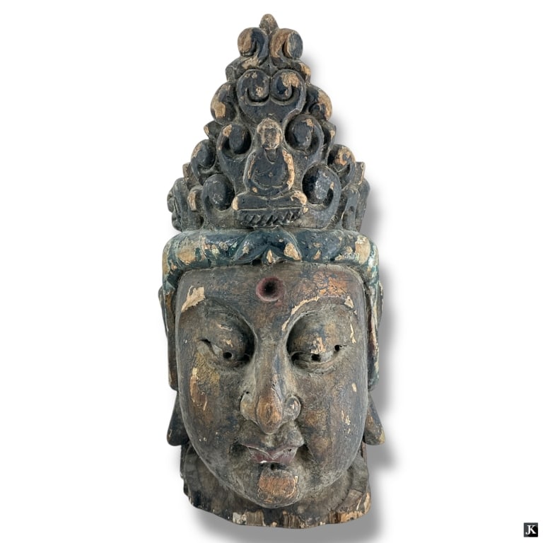 Early Polychrome Carved Wood Buddha Head (1 of 3)