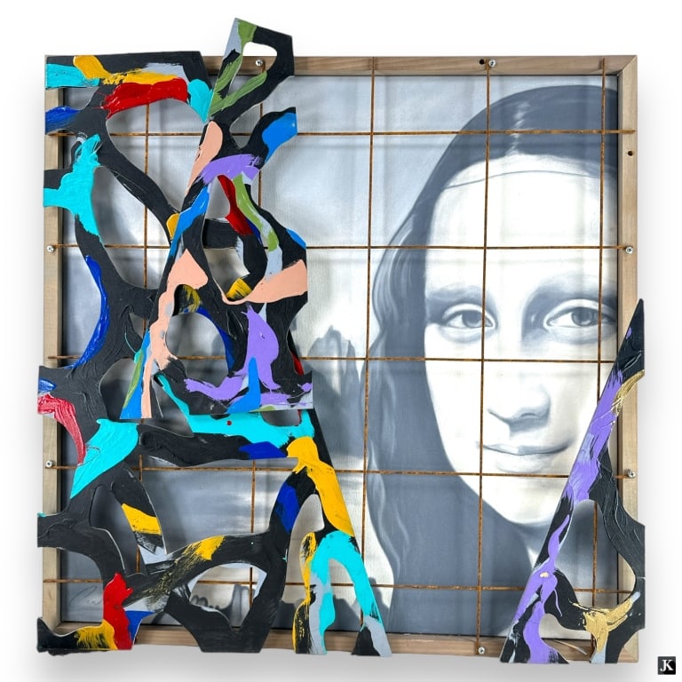 Jim Ceravolo Mixed Media "Hidden Mona Lisa": Jim Ceravolo (American, b. 1943) Title: Hidden Mona Lisa Medium: Mixed media Description: Bold contemporary portrait incorporating pop art influences, inscribed and dated 2012 verso by the artist.Sign