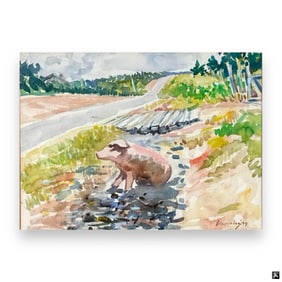 Artist Unknown Watercolor On Paper Landscape W/Pig