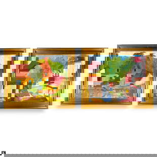 Pr Artist Unknown Townscape Oil Paintings/Canvas: A pair of oil paintings on canvas depicting townscape scenes. No apparent signature. Mounted in gold gilt wooden frames. Canvases on stretchers measure approx. 15 1/4" height x 18 1/2" width. Each mea