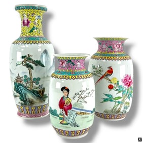 3 Vintage Chinese Famille Rose Baluster Vases