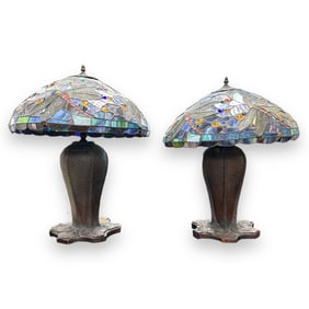 Pair Tiffany Style Heavy Bronze Dragonfly Lamps