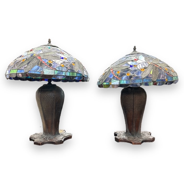 Pair Tiffany Style Heavy Bronze Dragonfly Lamps (1 of 6)