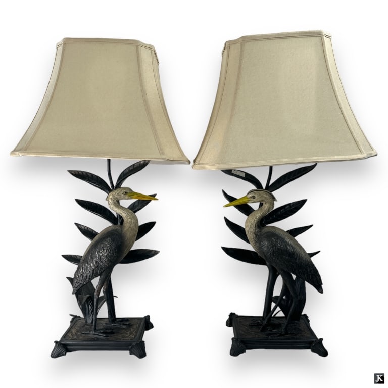Pair Modern Cast Resin Heron Lamps: Stylized cast resin lamps featuring opposing heron figures, each mounted on a rectangular base. Unmarked.Condition: Very good, with minimal wear consistent with display. Dimensions (each): 33" H x 12"