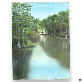 Vintage Oil on Canvas "River With Woods"