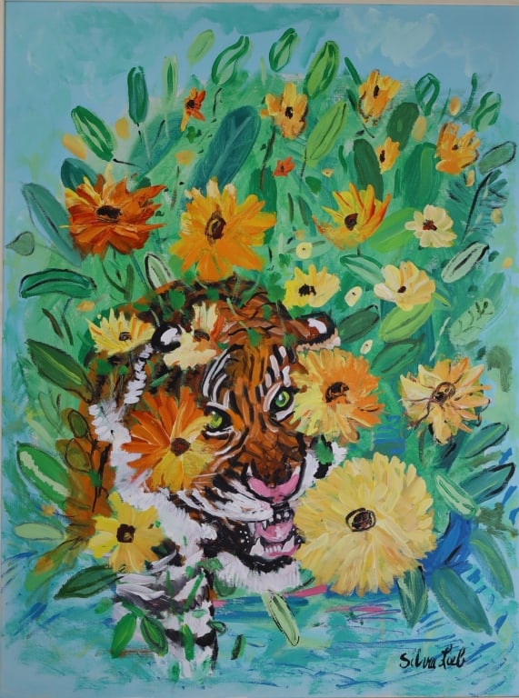 Silvia Lieb Oil on Canvas "Tiger in Flowers" (1 of 4)