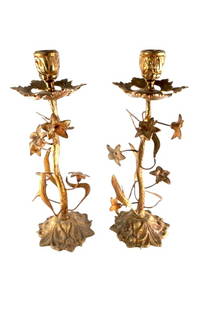 Vintage Pair Gilt Bronze Floral Vine Candlesticks: Stunning pair of vintage ornate Hollywood regency floral candlesticks. Intricate details all throughout, each leaf and flower can also be rotated individually for extra personalization. There is some