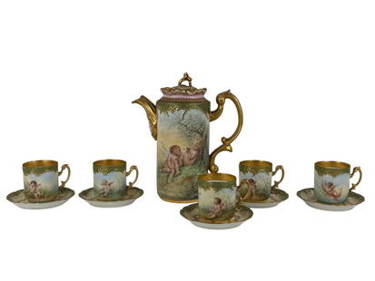 11 Pc Dresden Hand Painted Porcelain Coffee Set: 11 Pc Antique Dresden Porcelain Coffee Set. Hand Painted Cherub motif with gilt highlights. The set includes 5 cups 2-3/4" H