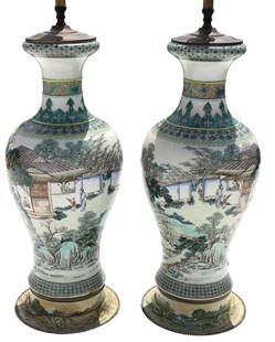 Pr Chinese Famille Verte Porcelain Vases As Lamps: Pr Chinese Famille Verte Porcelain Vases As Lamps. Each with continuous genre scenes. No visible signature. The later bases have been decorated to match the vases. Good condition. Measures 35-1/2" H o