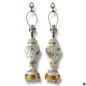 Pair Franklin Mint Garden of Royalty Floral Lamps