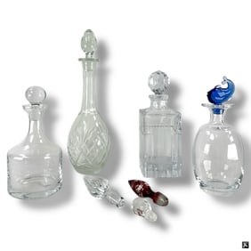 4 Crystal Decanters & Assorted Stoppers