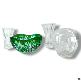 4 Crystal Vases & Ajka Magda Nemeth Bowl