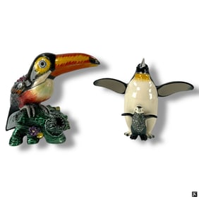 2 Enameled & Jeweled Bird Figural Boxes