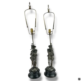 Pair Antique Spelter Figural Lamps "Explorers"