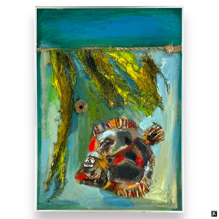 Contemporary Expressionist Mixed Media "Fish Net": Contemporary Expressionist Mixed Media "Fish Net". Unsigned. Good condition. Measures 33-1/2" x 24-1/4" including frame. Keywords: contemporary art, expressionist mixed media, Fish Net, modern artwork