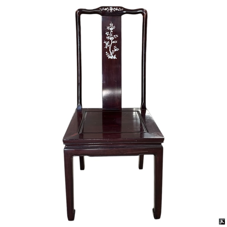 Asian Motif Inlaid Side Chair: Asian Motif Inlaid Side Chair. Unsigned. Minor wear and rubbing or in good condition. Measures 40" H x 17-3/4" W x 17" D. LA/B15