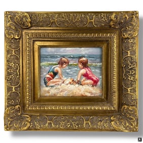 Decorative Oil on Canvas "Children at Beach"