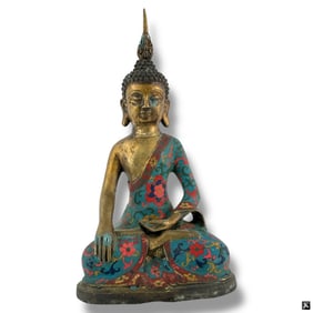 Antique Thai Bronze Cloisonne Seated Buddha Figure
