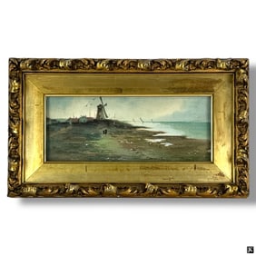 19C Dutch Watercolor on Paper "Windmill Beach"