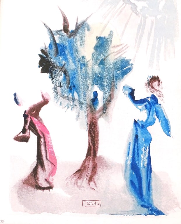 Salvador Dali Purgatory 24 Wood Engraving in Color: Salvador Dali (Spanish, 1904-1989) Wood Engraving in Colors Salvador Dali, The Tree of Chastisement (Purgatory: Canto 24). Signed in plate, numbered 72/1000 in pencil. Well framed and under glass scre