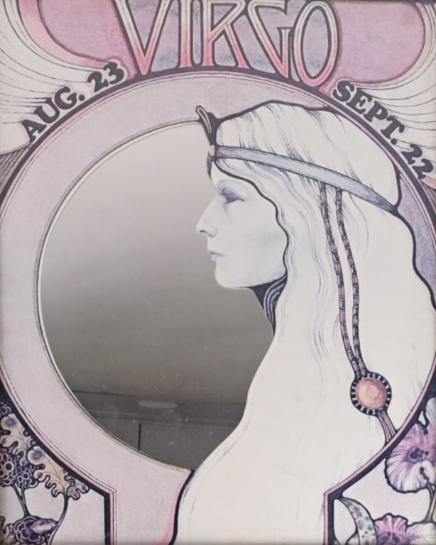 Vintage Maraliza Workshops "Fantasy Mirror": Vintage Maraliza Workshops Virgo "Fantasy Mirror". Framed. Minor signs of age and wear, in good condition. Measures 16" x 12 1/2" Keywords: Astrology mirror, home decor, fantasy decor