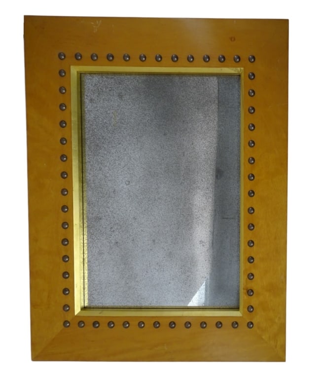 Vintage Wood Studded Mirror: Vintage wood studded mirror. No make or marks. Has minor wear along the wood frame and a small yellow mark on glass upper right, otherwise in good condition. Measures 24" x 30" Keywords: rustic décor