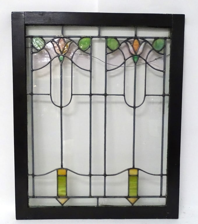 Vintage Wood Frame Stained Glass Window: Vintage wood frame floral stained glass window. Has wear on frame and marks on metal trim and edges, otherwise in good condition. Measures 31" x 25" 7B