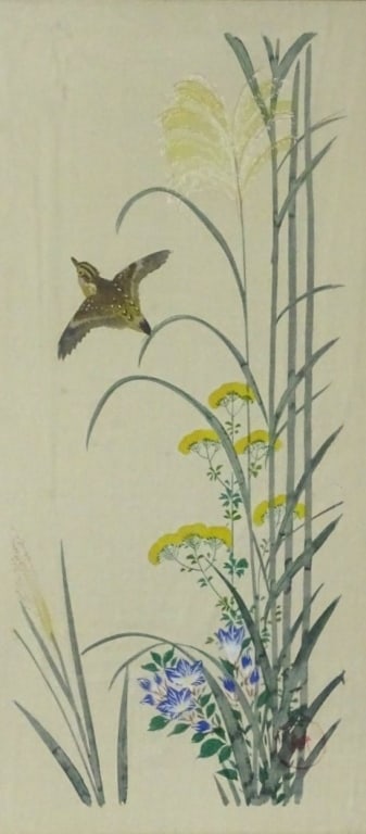 Vintage Chinese Color Print on Fabric: Vintage Chinese framed and matted color print on fabric, depicting a bird, bamboo and flowers. Seal printed lower right. Wear on frame, paper backing has been removed and condensation on the mat, othe