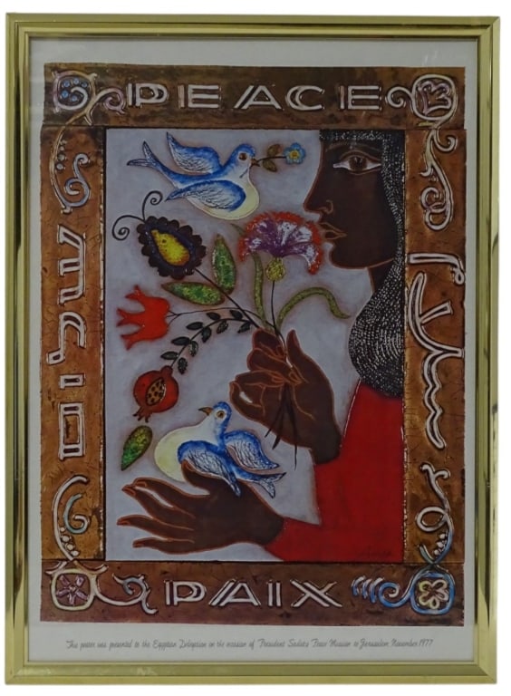 Irene and Azriel Awret Framed Color Print: Irene and Azriel Awret framed color print "Woman with Doves and Flowers, Peace". MInor wear on frame, otherwise in good condition. Measures(sight) 26 1/2" x 19" Frame measures 28 1/2" x 21" Keywords: 